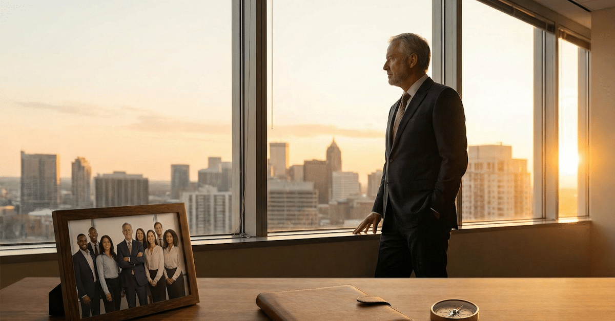 A business owner looking out of an executive office, thinking about their legacy