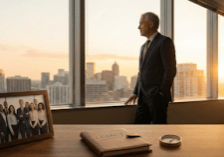 A business owner looking out of an executive office, thinking about their legacy